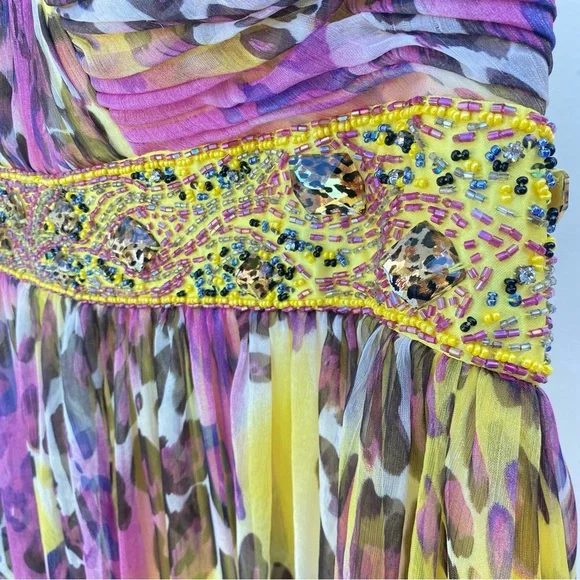 Y2K Camille La Vie Pink & Yellow Leopard Beaded Gown Size 14 - Picture 5 of 9
